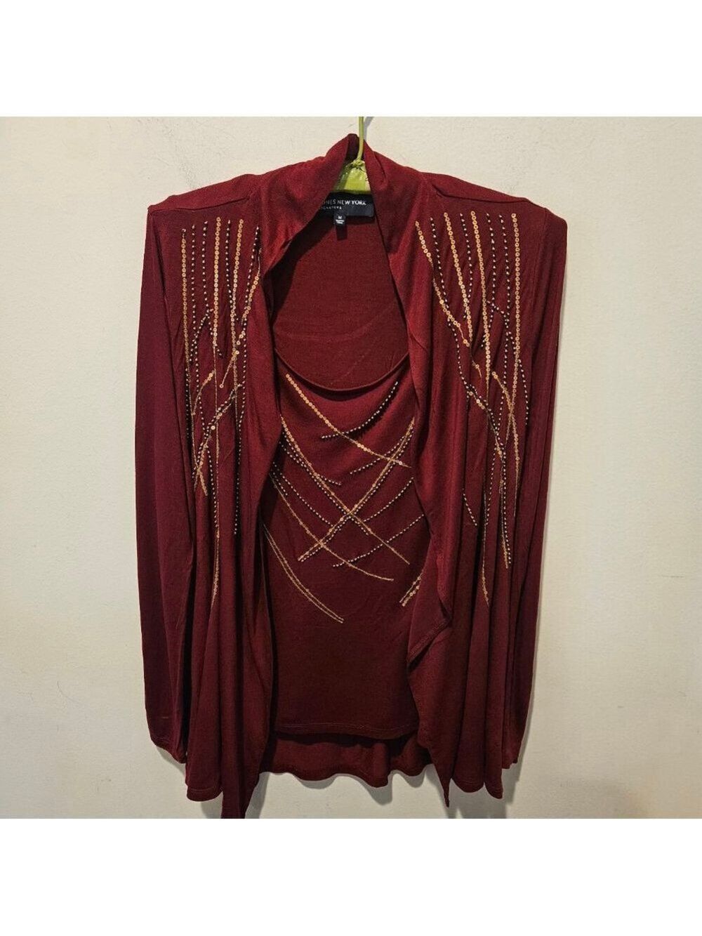 Women's Jones New York Burgandy Gold Sequin Beaded Cardigan & Tank Top Set M